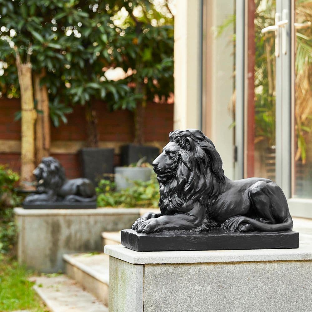 Glitzhome 21.75 in. L MGO Black Lying Lion Garden Statue (Set of 2
