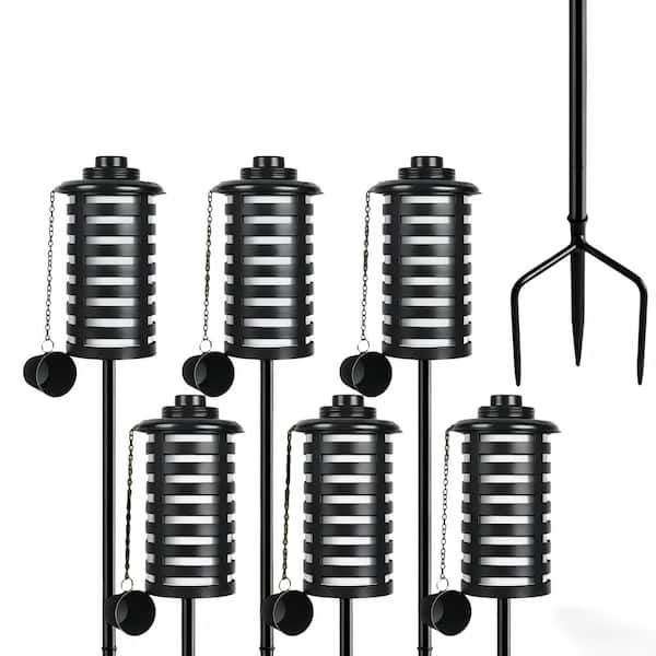 Citronella Torches (Set of 6), White 16 oz. Metal Garden Torches with 3-Prong Stake, 59 in. Outdoor Torches for Patio