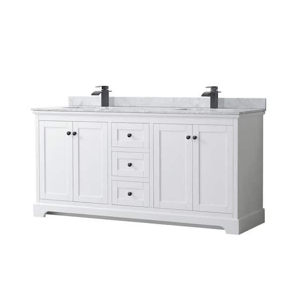 Wyndham Collection Avery 72 in. W x 22 in. D x 35 in. H Double Bath Vanity in White with White Carrara Marble Top
