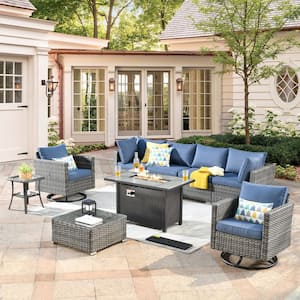Sanibel Gray 9-Piece Wicker Outdoor Patio Conversation Sofa Sectional Set with a Metal Fire Pit and Denim Blue Cushions