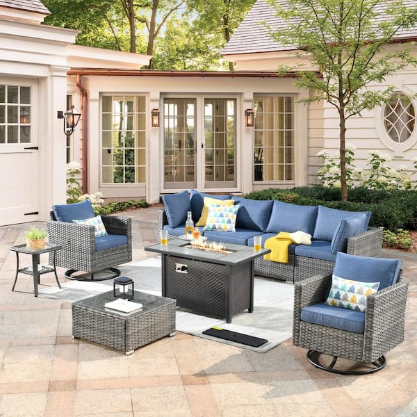 Toject Sanibel Gray 9-Piece Wicker Outdoor Patio Conversation Sofa Sectional Set with a Metal Fire Pit and Denim Blue Cushions