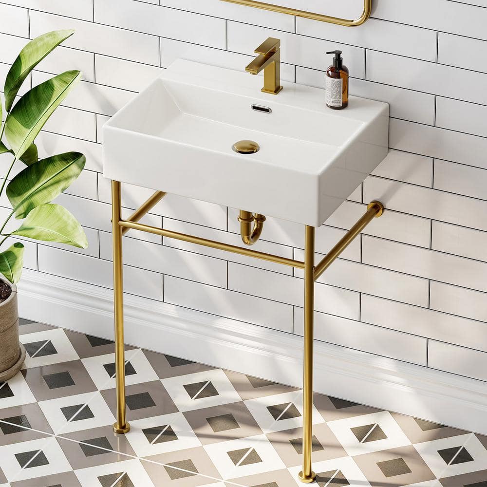 24 Inch White Ceramic Console Sink with Gold Metal Legs