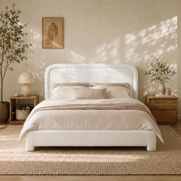 King size Sherpa Modern Platform Bed with Adjustable Tufted Headboard and Slat Support