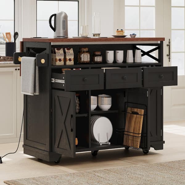 Black with brown woodgrain tabletop Kitchen Cart with Drawers, Drop Leaf, Locking Casters, Shelf, Wheels