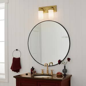 Vetivene 15.25 in. 2-Light Natural Brass Vintage Bathroom Vanity Light with Opal Glass Shades