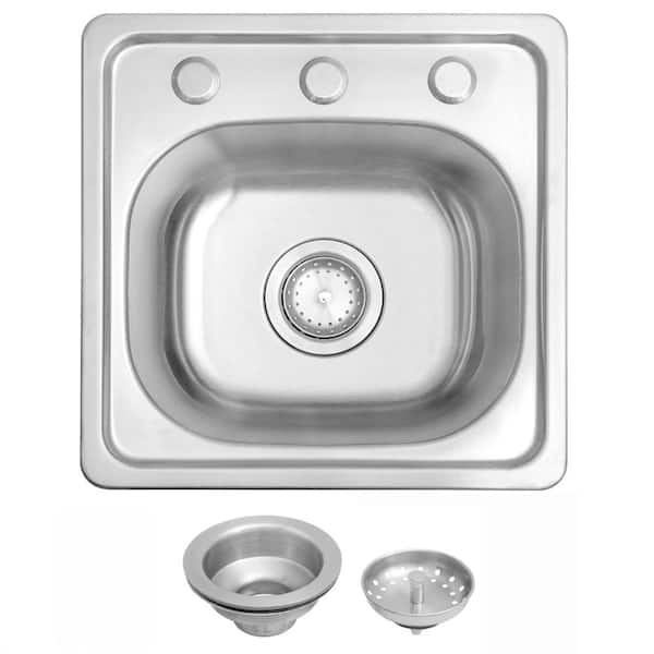 15 in. Drop-In Single Bowl T304 Stainless Steel RV Bar and Prep Sink with Strainer, Brushed Nickel, 8 in. Deep