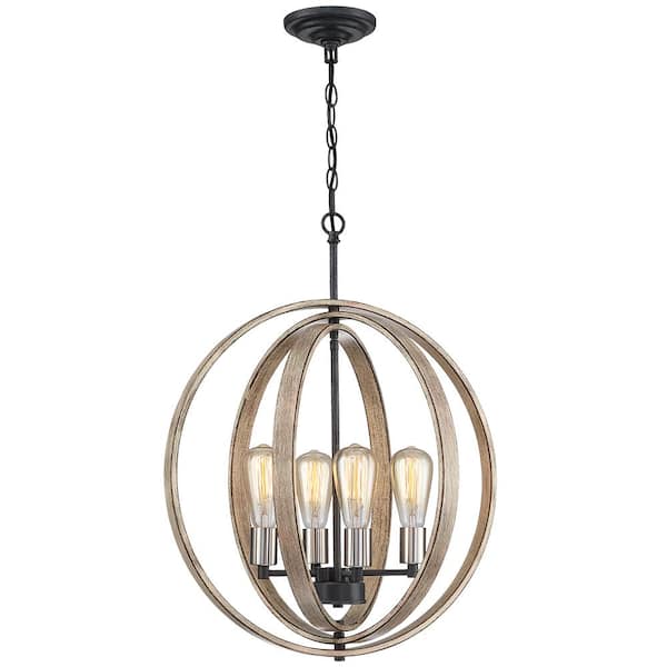 TRUE FINE Ava 4-Light Black Globe Farmhouse Chandelier with Wood Accents
