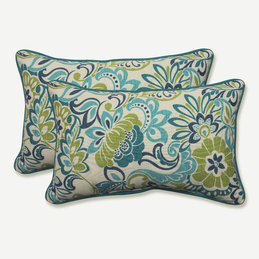 Mallard Blue Floral Linen Outdoor Lumbar Throw Pillow Set