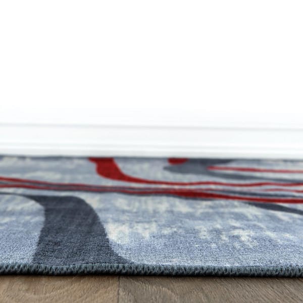 Contemporary Distressed Abstract Lines Non Slip Red 2 ft. x 7 ft. Runner Rug