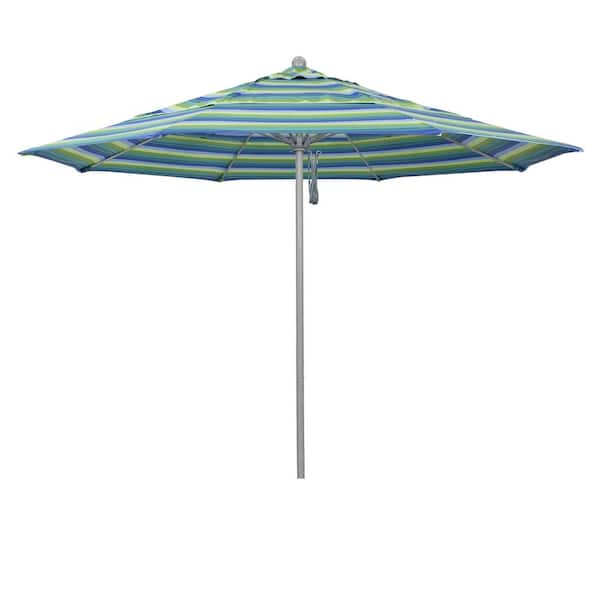 California Umbrella 11 ft. Gray Woodgrain Aluminum Commercial Market Patio Umbrella Fiberglass Ribs Pulley Lift in Seville Seaside Sunbrella