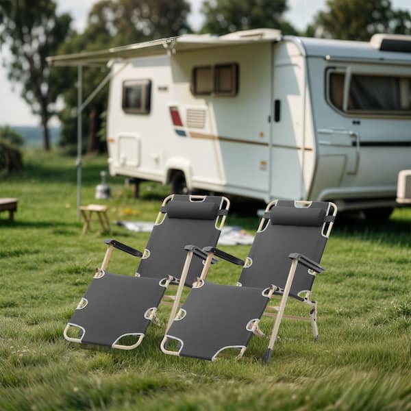 Set of 2 Patio Foldable Zero Gravity Lawn Chair with Detachable Headrest Metal Outdoor Recliner with Black Cushions