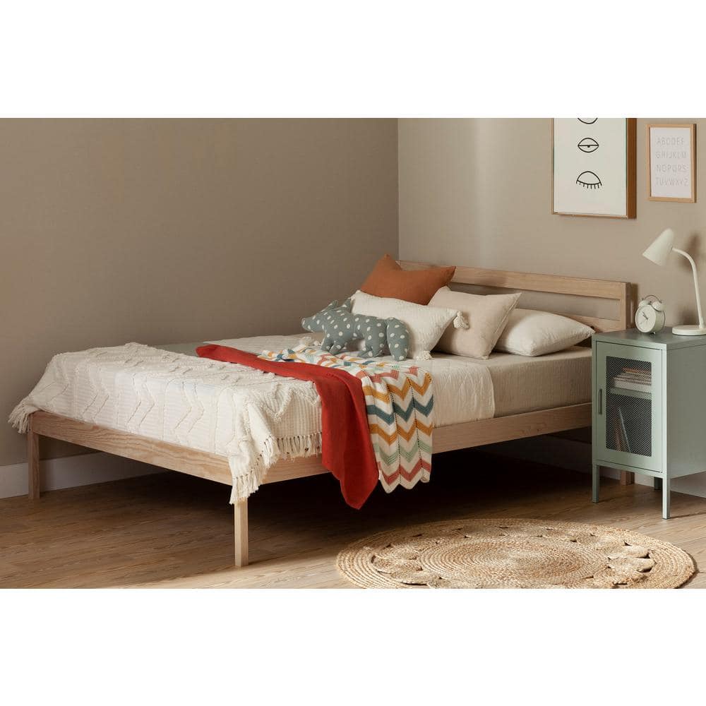 Natural Pine Full Platform Bed with Headboard and Slats