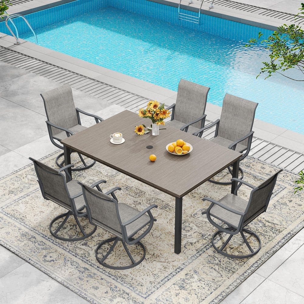 All Weather 7-Piece Metal Patio Dining Set with Gray Wood-Like Rectangular Table and 6 Gray Swivel Dining Chairs price history on PriceWatchPro