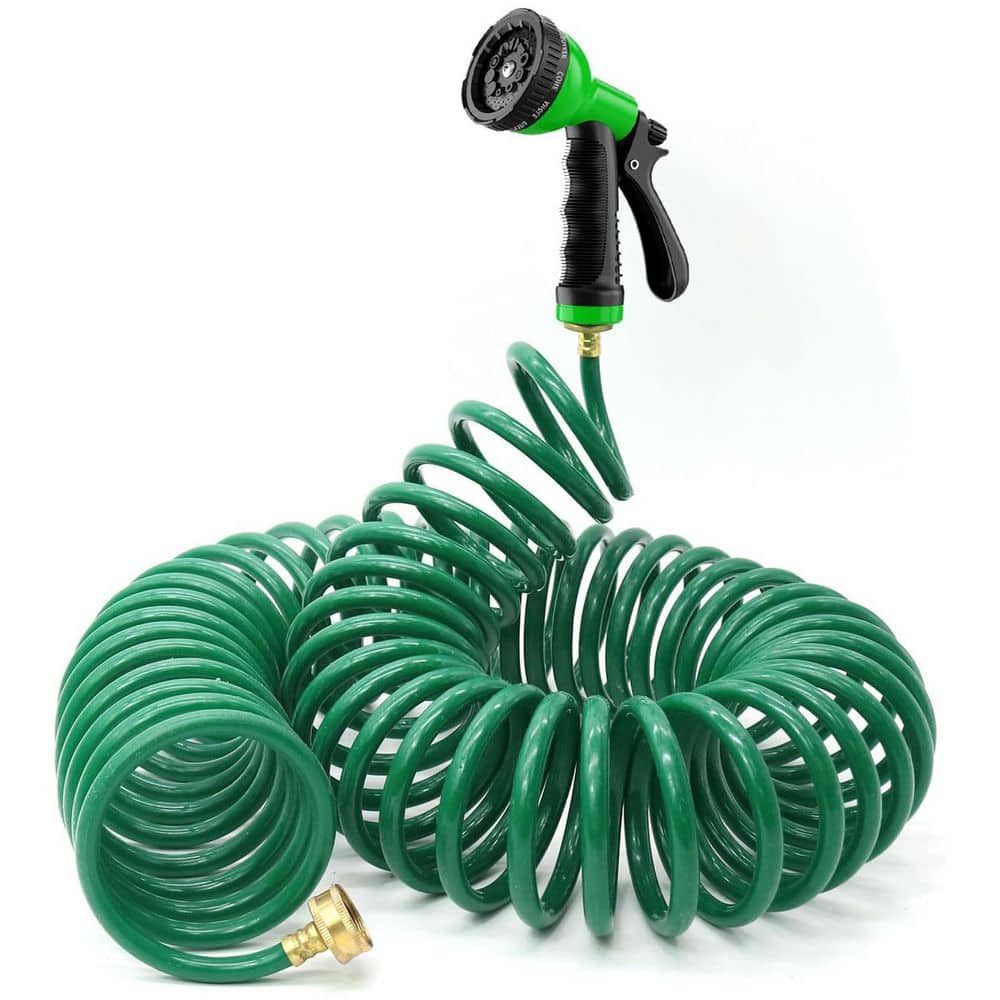 3/4 in. x 50 ft. Light-Duty Coil Garden Hose with 10-Setting Spray ...