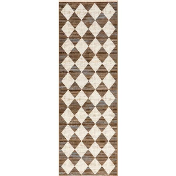 Vanni Checkered 2.6 ft. x 13 ft. Fringed Beige Indoor Area Rug
