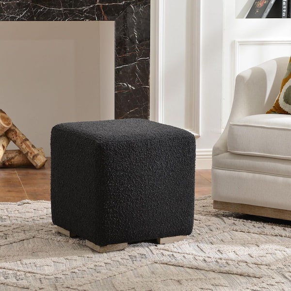 KINWELL Black Boucle Upholstered Square Ottoman with Solid Wood