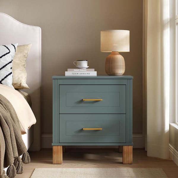 20.47 in. Blue 2 Drawer Nightstand, Solid Wood Legs MDF Frame with Fluted Design Metal Handle for Bedroom