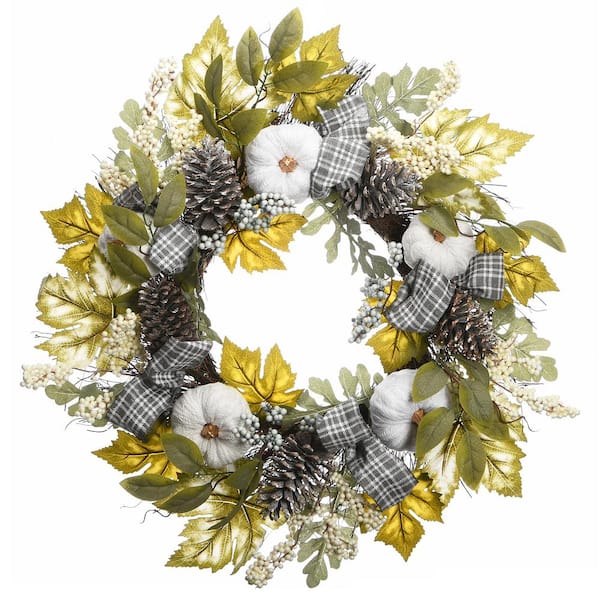 National Tree Company 30 in. Artificial Harvest Mixed Leaves and Ribbons Wreath