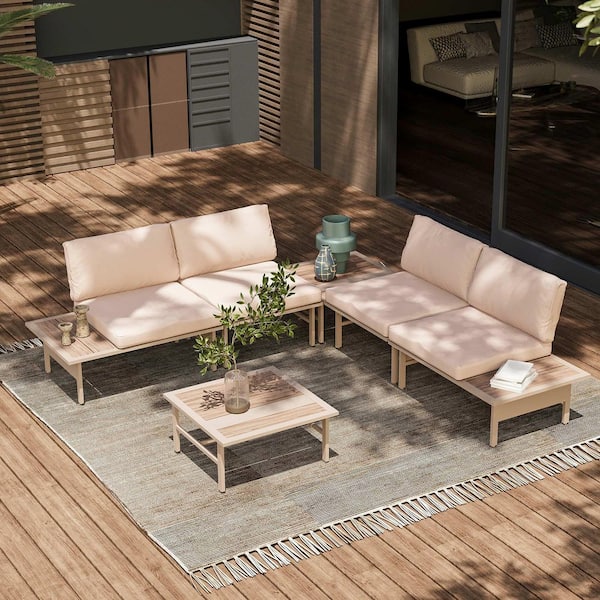LAUSAINT HOME Beige 6-Piece Metal Patio conversation Set with Beige Cushions and Coffee Table