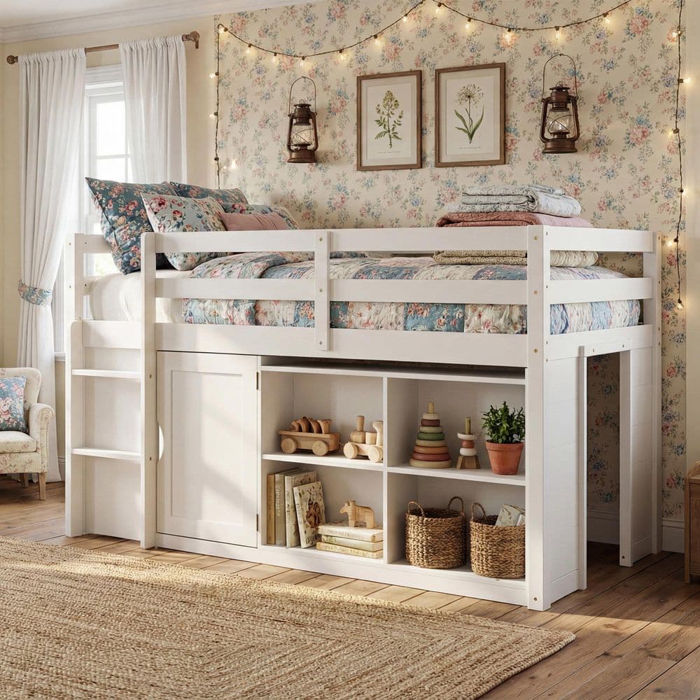 FUFU&GAGA White Wood Frame Twin Panel Bed with Storage Shelves, 3