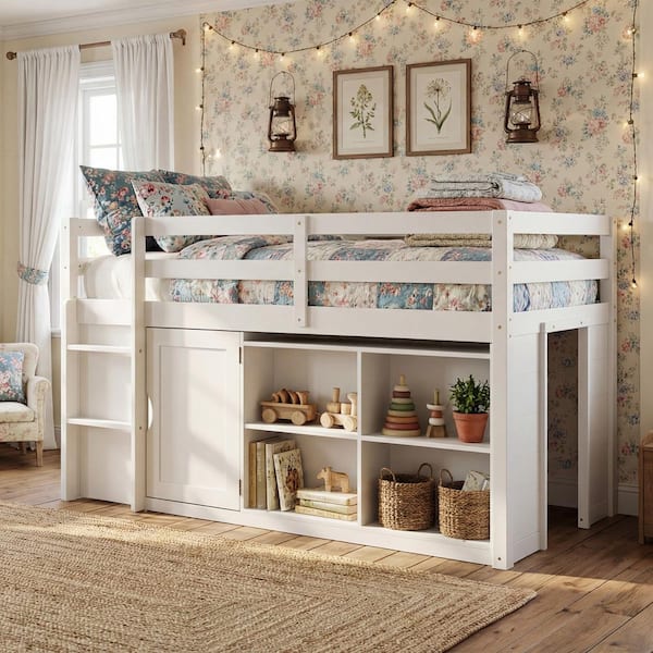 FUFU&GAGA White Wood Frame Twin Panel Bed with Storage Shelves, 3