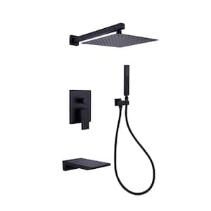 1-Spray 2 GPM. Wall Mounted Square Rainfall Pressure Balanced Shower System with Rough-in Valve in Matte Black