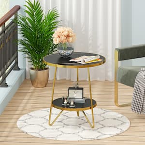 Kerlin 18.7 in. Black Round Faux Marble End Table, 2 Tier Round Side Table with Shelves, Modern Nightstand Bedside Table