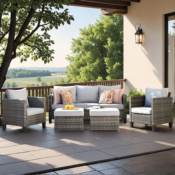 XIZZI Megon Holly Gray 5-Piece Wicker Outdoor Patio Conversation Seating Sofa Set with Gray Cushions