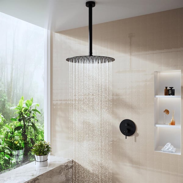 1-Spray Patterns 12 in. Wall Mount Round Rain Fixed Shower Head in Black