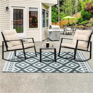 3-Piece Black PE Wicker Patio Outdoor Conversation Set with Beige Cushions, Rocking Chairs Set with Glass Coffee Table