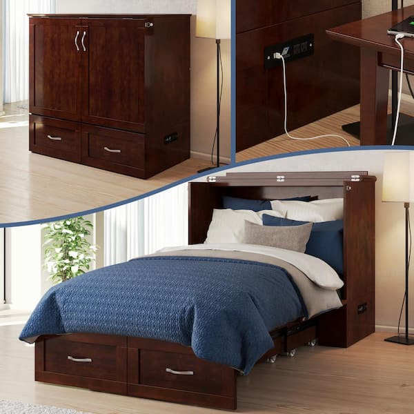 AFI Hamilton Walnut Solid Wood Frame Twin XL Murphy Bed with Built In Charging Station and Mattress