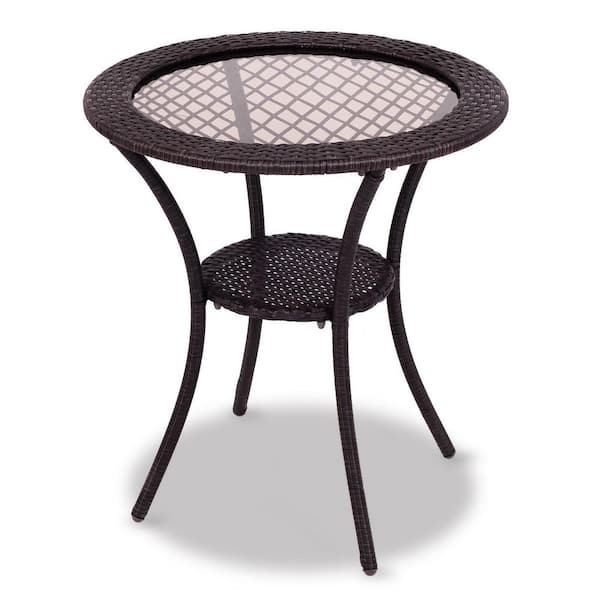Gtnali Outdoor Round Rattan Wicker Coffee Side Table with Lower Shelf, Brown