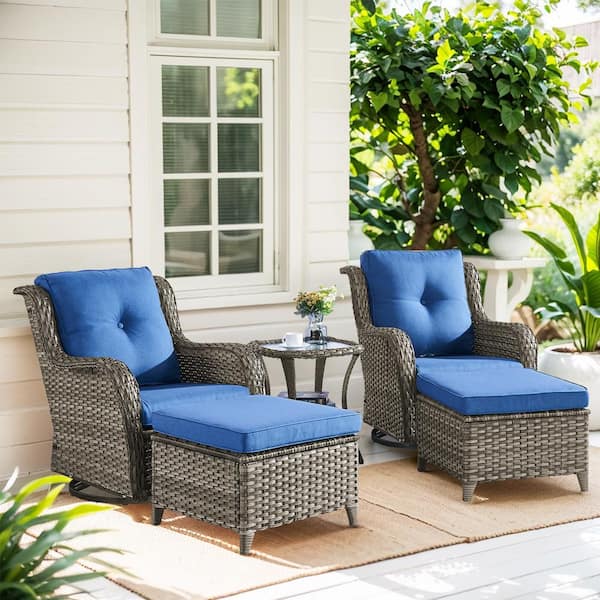 Gymojoy Carolina Gray 5-Piece Wicker Patio Conversation Set with Blue Cushions