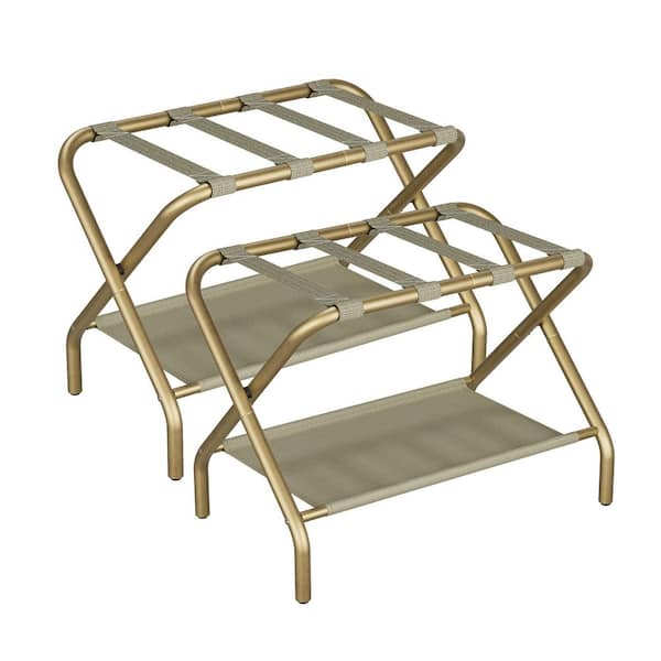 2-Pack Gold Luggage Rack with 4 Nylon Straps, Foldable Suitcase Stand with Fabric Storage Shelf