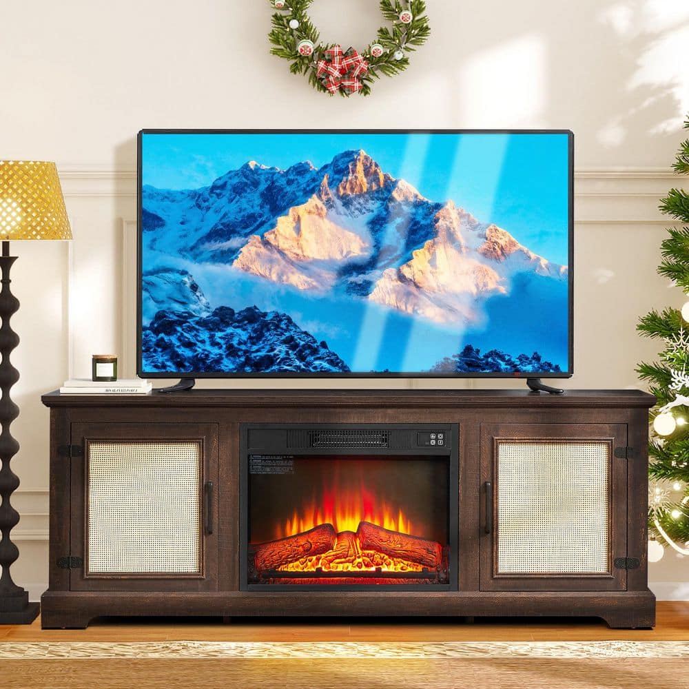 ToolCat 65 in. Freestanding Rattan Door TV Stand with 23 in