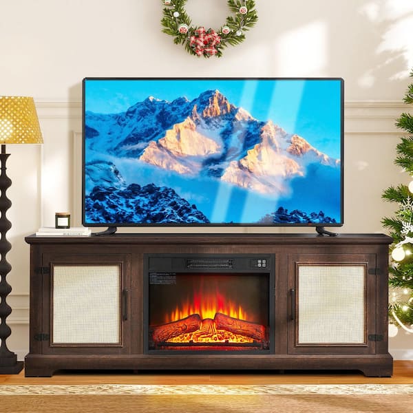 65 in. Freestanding Rattan Door TV Stand with 23 in. Fireplace Insert Adjustable Shelf Wood Console Table Espresso Brown