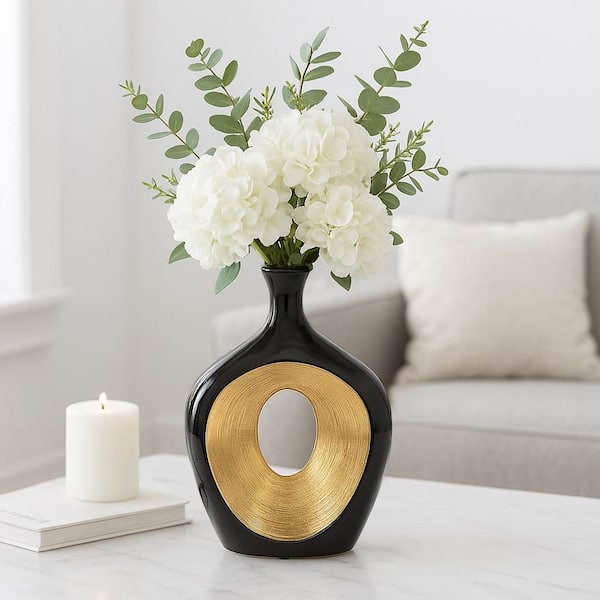 13 in. Black/Gold Ceramic Geometric Two-Tone Decorative Vase