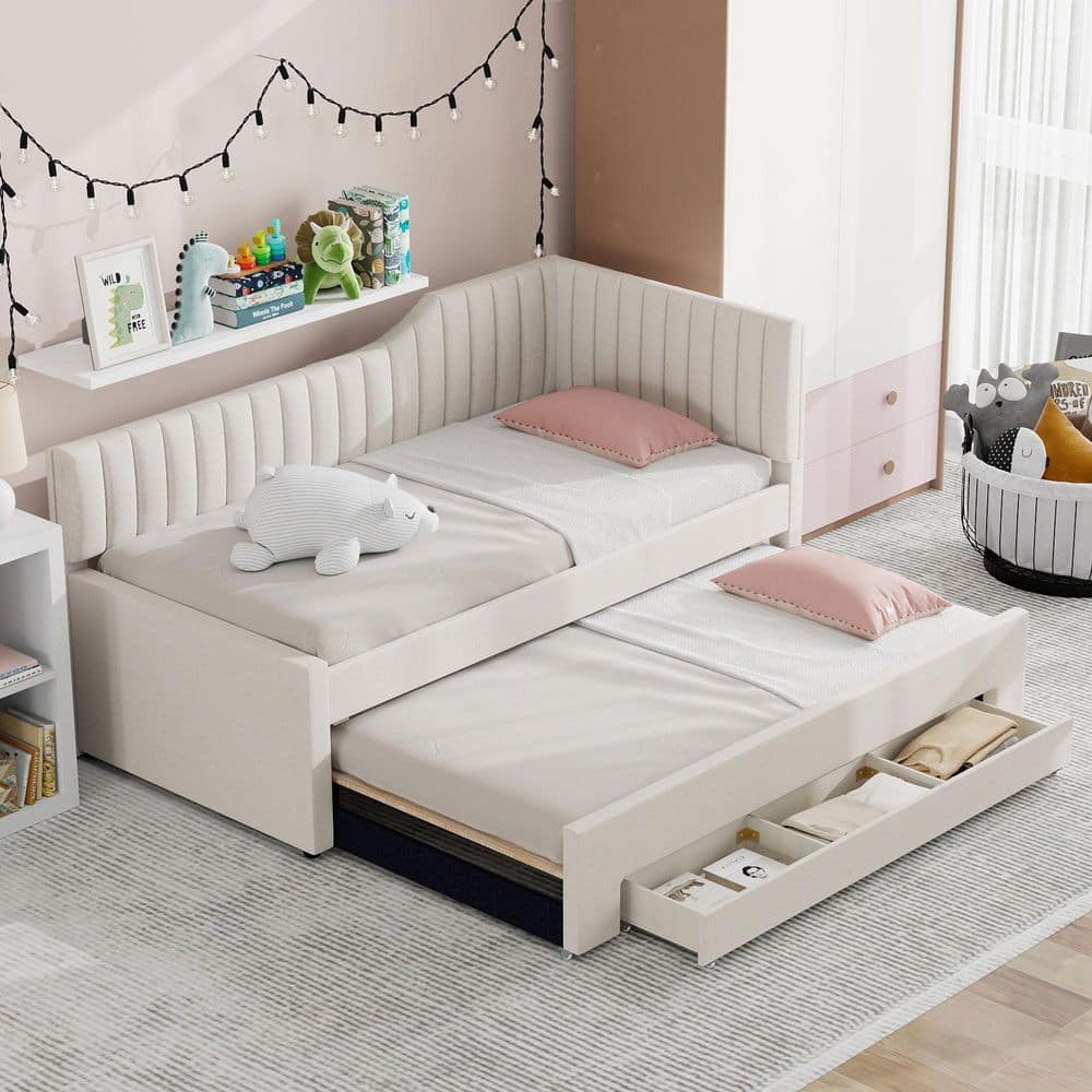 Beige Twin Size Upholstered Daybed with Trundle and 3-Drawers