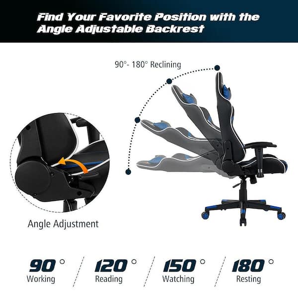 Blue Faux Leather Gaming Chair Reclining Swivel Racing Office Chair