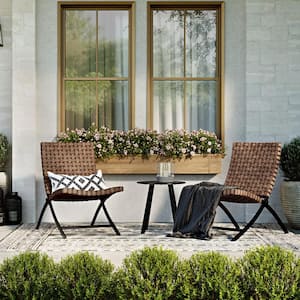 3-Piece Wicker Outdoor Bistro Set Outdoor Porch Bistro Sets Foldable Wicker Lounger Chairs and Coffee Table in Brown