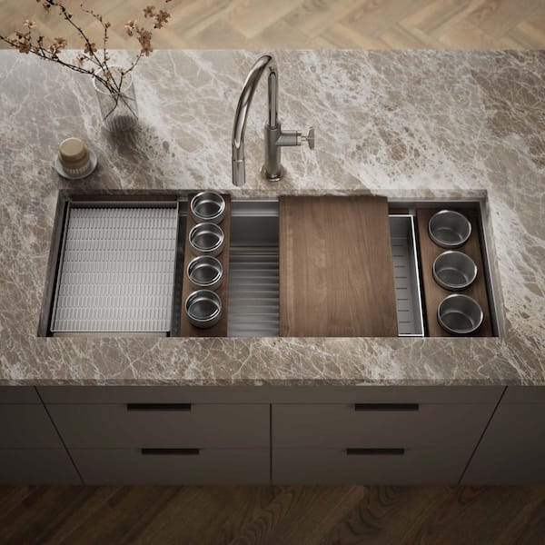 Synthos 45.75 in. Undermount Single Bowl Stainless Steel Workstation Kitchen Sink with Walnut Accessory Bundle