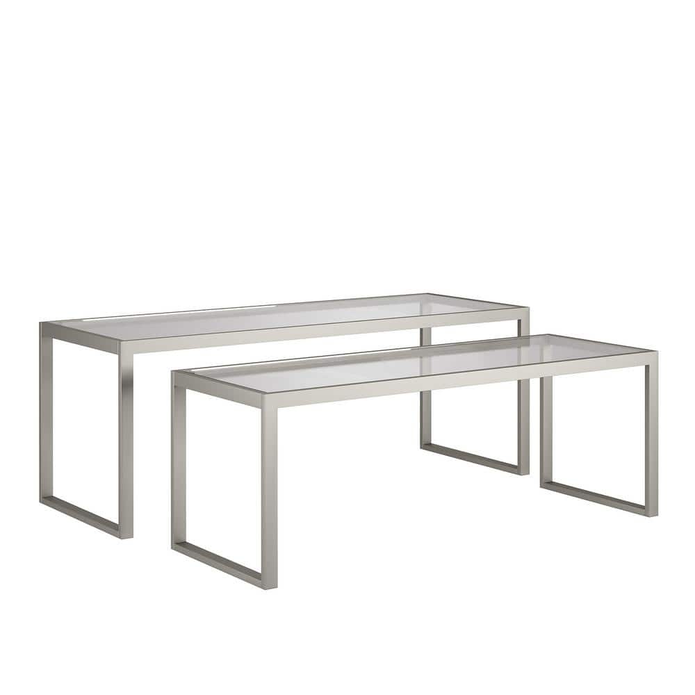 Satin Nickel Rectangular Nesting Coffee Table Set with Glass Tops