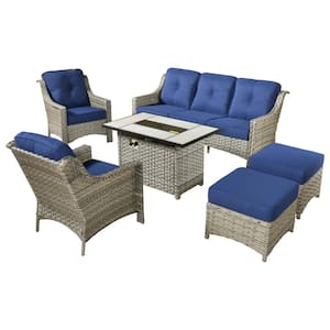 Tulip C Gray 6-Piece Wicker Patio Rectangular Fire Pit Conversation Sofa Set with Navy Blue Cushions