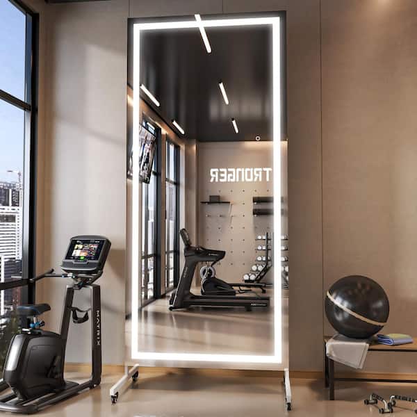 32 in. W x 75 in. H White Rectangle LED Full Length Mirror on Wheels Rolling Home Gym Mirror with Light for Yoga Studio