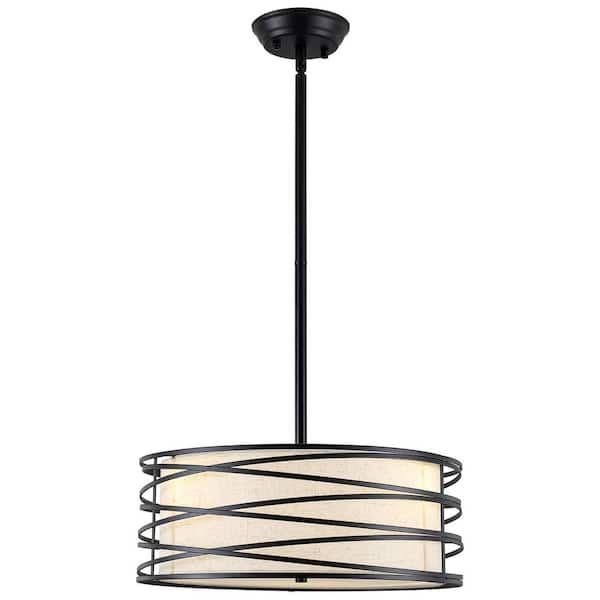 3-Light 15.7 in. Matte Black Modern Farmhouse Metal Fabric Drum Chandelier Dining Room Bedroom Foyer No Bulbs Included