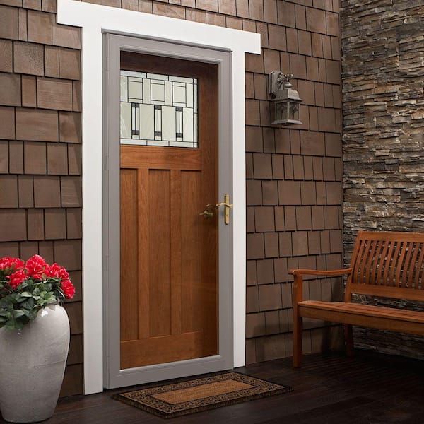 3000-Series 36 in. x 80 in. Sandtone Right-Hand Full View Interchangeable Aluminum Storm Door with Brass Hardware