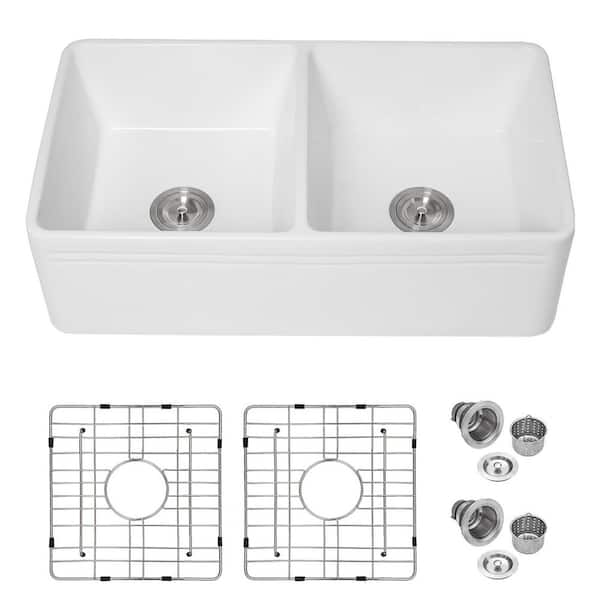 Logmey 33 in. Farmhouse/Apron-Front Double Bowl Reversible White Fireclay Kitchen Sink with Bottom Grid and Drain Assembly