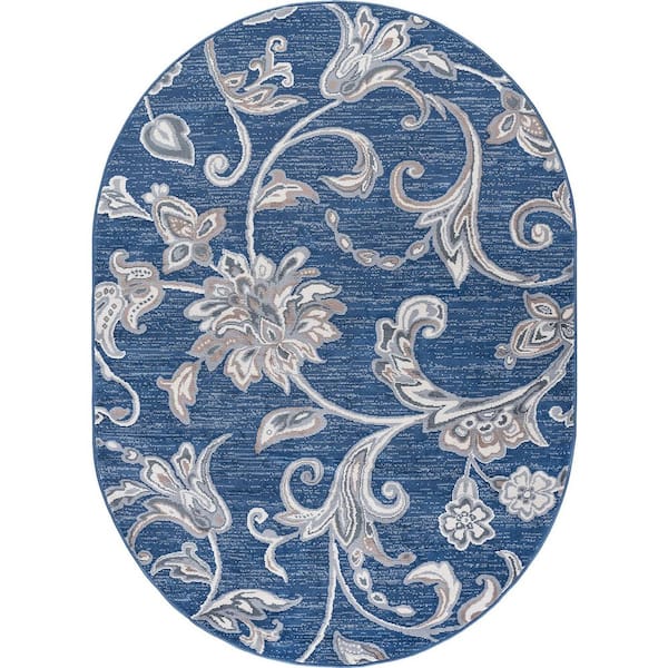 Tayse Rugs Madison Floral Navy 5 ft. x 8ft. Oval Indoor Area Rug