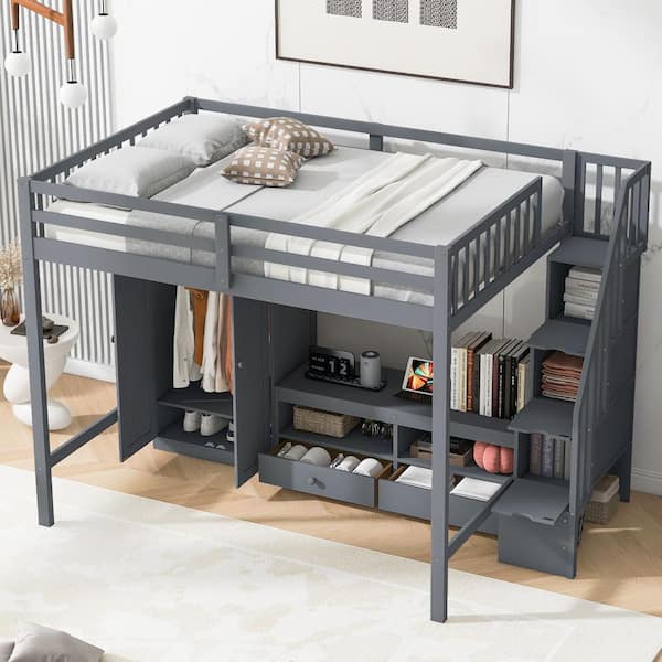 Harper & Bright Designs Gray Full Size Wooden Loft Bed with Wardrobe, Low Storage Table, 2 Drawers and Storage Staircase