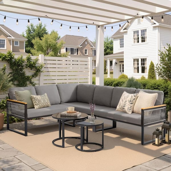 Powder-Coated Metal Outdoor Couch Sofa with Thick Light Gray Cushions and Teak Wood Grain Finish Armrests
